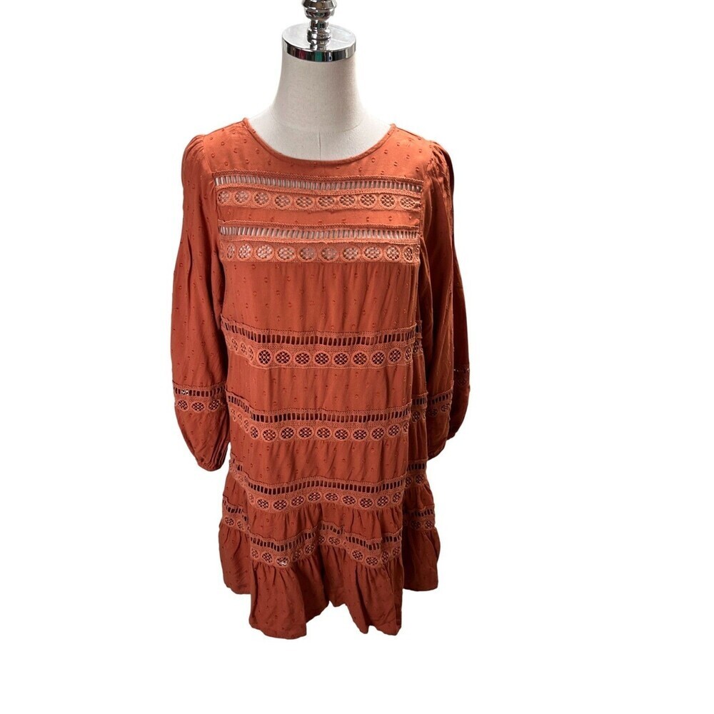 Anthropologie Tiered Puff Sleeve Mini Dress Small Women's Size Burnt Orange